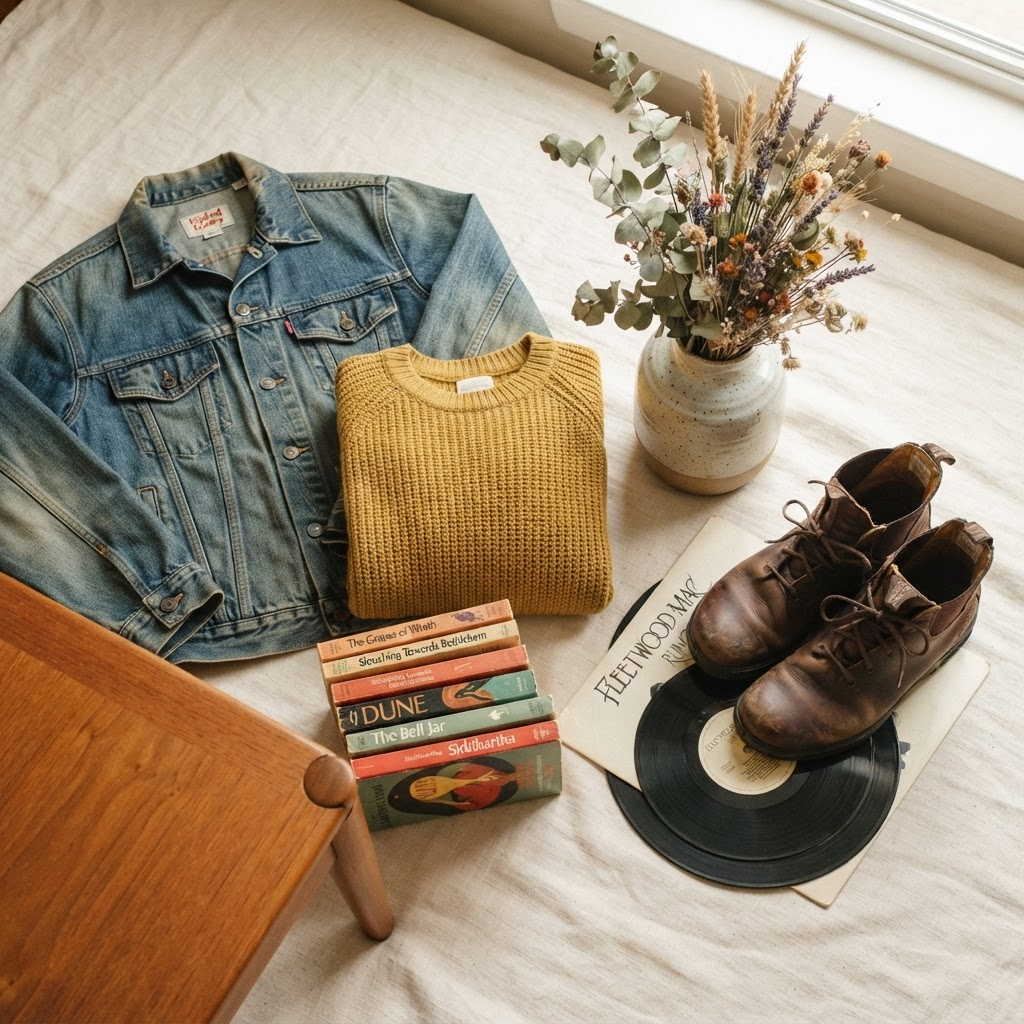 A curated flat-lay of secondhand treasures found at Family Thrift, including a denim jacket, books, ceramics, and a vinyl record