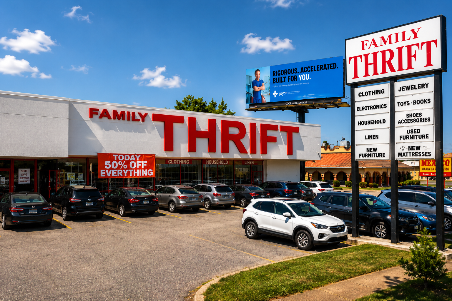 The Family Thrift storefront with its red lettering and pylon sign listing clothing, electronics, furniture, and more, plus a 'Today 50% Off Everything' banner